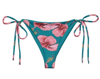 Parte inferior de bikini con tiras y estampado floral de hibisco / Traje de baño para mujer con estampado floral turquesa tropical