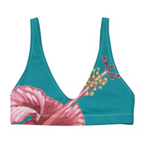Hibiscus Flower Sport Bikini Top | Tropical Turquoise Floral Print Women’s Swimsuit Separates