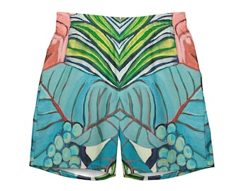 Sea Grapes Badehose | Aqua und Limette Palmen gestreifte Herren Badeshorts