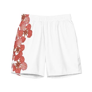 Op de afbeelding: Witte sport shorts met een rode bloemenprint aan de linkerkant.