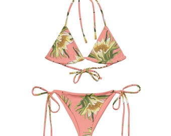 Conjunto de bikini de tiras con estampado floral de pitaya rosa para mujer