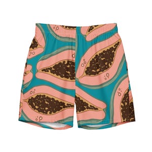Op de afbeelding: Roze en turquoise gepatroneerde zwembroek voor heren met een papaja-ontwerp.