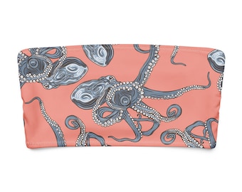 Trägerloser Bikini mit Oktopus-Motiv | Bandeau-Bikini aus recyceltem Material mit rosa Ozeanmuster