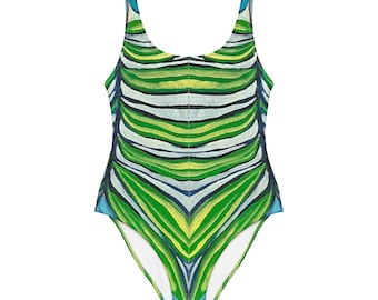 Trauben Badeanzug | Gestreifter einteiliger Damen-Badeanzug von Aqua und Lime Palmen