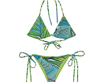Sea Trauben String Bikini Set | Aqua und Limette Palmen Striped Damen Badeanzug
