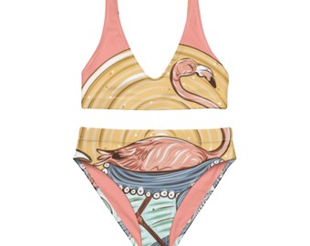 Pink Flamingo Sportliches Bikini-Set mit hoher Taille | Sunshine Octopus Damen Badeanzug