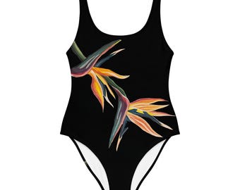 Bird of Paradise Flower Swimsuit | Black Floral Print One-Piece Women's Bathing Suit