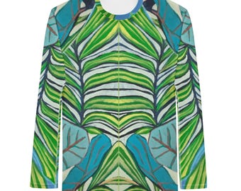 Rash Guard Seetrauben | Aqua und Lime Palm gestreiftes Langarm-Shirt für Herren
