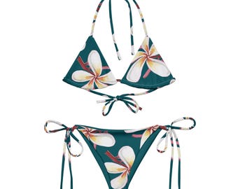 Conjunto de bikini de tiras con estampado floral de plumeria / Traje de baño para mujer con estampado floral verde azulado tropical