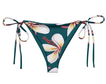 Parte inferior de bikini con tiras y estampado floral de plumeria para mujer / Traje de baño separado para mujer con estampado floral verde azulado tropical