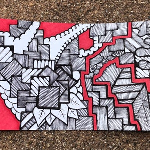 May include: Abstract art drawing with black ink on a red background. The drawing features a variety of geometric shapes and patterns.