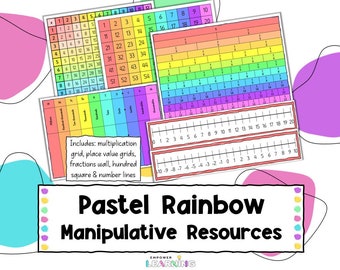 Pastel Rainbow Classroom Manipulatives, EYFS, KS1 and KS2 Teacher Resources, Place Value Grid, Multiplication Hundred Square, Number Line