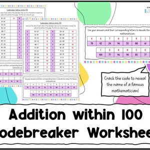 May include: A colorful worksheet for kids to practice addition within 100. The worksheet features a code-breaking activity where students solve addition problems and use the answers to decode the name of a famous mathematician. The worksheet is titled "Addition within 100 Codebreaker Worksheet".