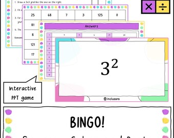 Jogo de Bingo com Números Quadrados e Cubos, Recursos para Professores, Atividades de Matemática para a Sala de Aula sobre Raízes Quadradas