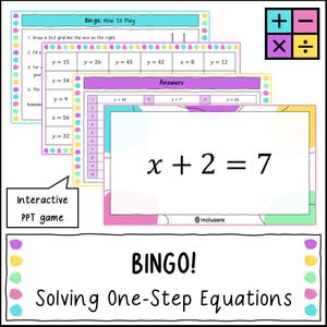 May include: An interactive PowerPoint game titled BINGO! Solving One-Step Equations. The slides feature math problems with variables x and y, an answer key, and instructions. A square icon with plus, minus, multiply, and divide symbols is in the corner.