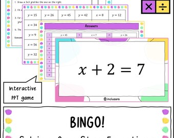Jogo de Bingo para Resolver Equações de Um Passo, Atividades de Álgebra para a Sala de Aula