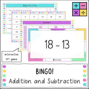 May include: A colorful educational game titled "BINGO! Addition and Subtraction." The game includes instructions, answer keys, and a subtraction problem, "18 - 13." The game is designed as an interactive PPT game.