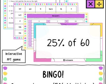 Bingo de porcentagens de valores, 5% de uma quantidade (atividade inicial), recursos para professores, atividades de matemática para a sala de aula.