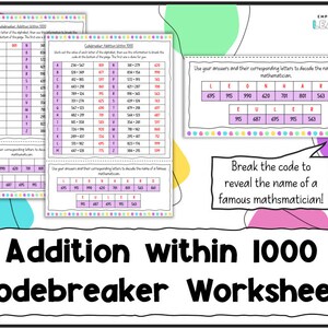 Könnte beinhalten: Ein farbenfrohes Arbeitsblatt für Kinder, um das Addieren innerhalb von 1000 zu üben. Das Arbeitsblatt enthält eine Codeknacker-Aktivität, bei der die Schüler Additionsprobleme lösen und die Antworten verwenden, um den Namen eines berühmten Mathematikers zu entschlüsseln. Das Arbeitsblatt enthält den Titel "Addition innerhalb von 1000 Codeknacker-Arbeitsblatt" und die Nachricht "Knacke den Code, um den Namen eines berühmten Mathematikers zu enthüllen!"