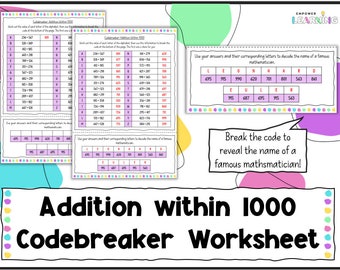 Addition Within 1000 Codebreaker Worksheet, Maths Teaching Resources, Home Education Pintables, Digital Download
