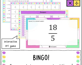 Jogo de Bingo para Converter Frações Impróprias em Números Mistos, Recursos para Professores, Atividades de Matemática para a Sala de Aula