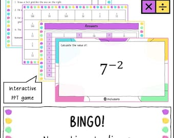 Jogo de Bingo de Índices/Expoentes Negativos, Lei dos Índices/Regras dos Expoentes - Atividades de Matemática para a Sala de Aula