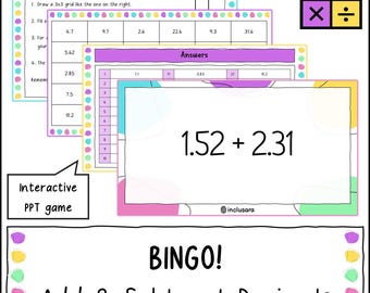 Jogo de Bingo de Adição e Subtração de Números Decimais, Recursos Didáticos de Matemática, Download Digital