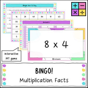 Può includere: Un gioco educativo colorato intitolato "BINGO! Multiplication Facts". Il gioco include istruzioni, chiavi di risposta e un problema di moltiplicazione, 8 x 4. La frase "Interactive PPT game" è anche visibile.