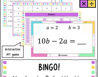 Jogo de Bingo de Substituição Simples, Atividades de Matemática para Sala de Aula com Substituição em Álgebra