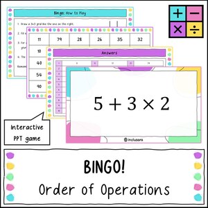 Puede incluir: Un juego educativo colorido titulado "BINGO! Order of Operations" con un problema matemático, "5 + 3 x 2". El juego incluye cartones de bingo, claves de respuestas e instrucciones. El texto "Interactive PPT game" también es visible.
