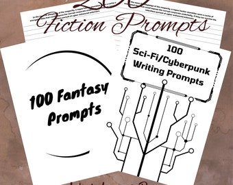 Könnte beinhalten: Ein Schwarzweißbild von zwei Schreibaufforderungsbüchern. Das obere Buch trägt den Text "200 Fiction Prompts" und das untere Buch trägt den Text "100 Fantasy Prompts" und "100 Sci-Fi/Cyberpunk Writing Prompts". Beide Bücher tragen den Text "With Lined Pages" unten.