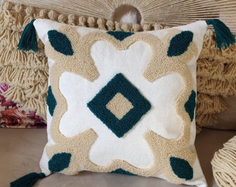 Punch Needle Hand Tufted pillow, Embroidery Abstract Cushion, Decorative Pillows, Natural wool