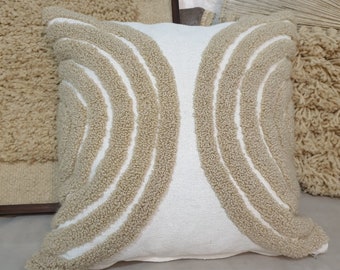 Hand Tufted Punch Needle, Modern Embroidered Decorative Cushion Cover, Natural Cotton Yarn and Linen