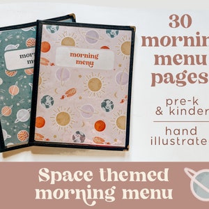 Pre-K & Kinder Morning Menu, Space Themed, Solar System Edition, 30 worksheets, Pre-school and Kinder, Ages 3-6