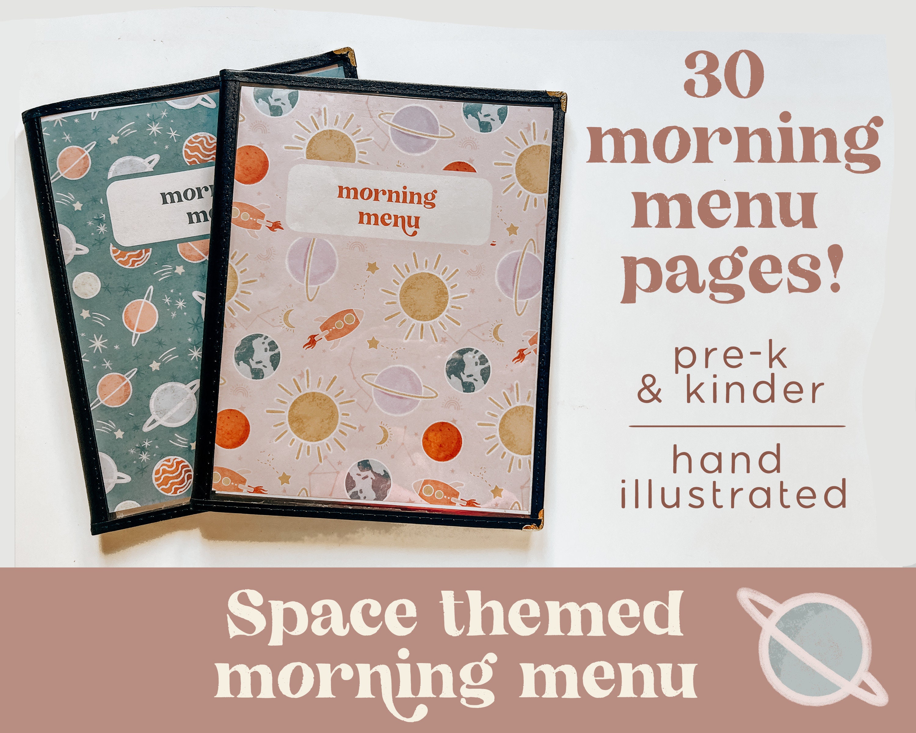 Pre-K & Kinder Morning Menu, Space Themed, Solar System Edition, 30 worksheets, Pre-school and Kinder