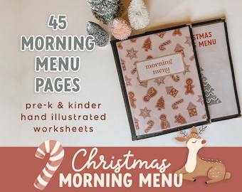 Christmas Morning Menu, Pre K & Kinder Hand Illustrated Worksheets for Ages 4-6 Holiday Themed