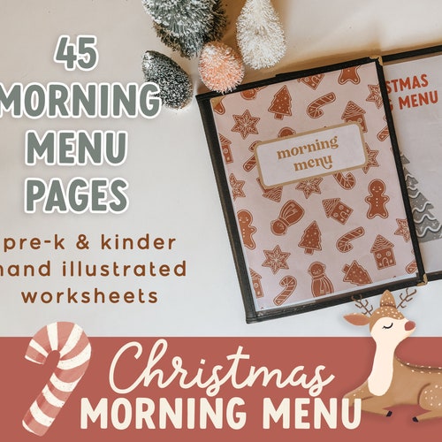 Menu du matin de Noël, feuilles d'exercices préscolaires et maternelles illustrées à la main pour les 4-6 ans sur le thème des fêtes