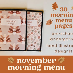 Thanksgiving Fall Morning Menu preschool 1st Grade, Toddler Worksheets,  Morning Baskets, Homeschool Binder Inserts, Kindergarten 