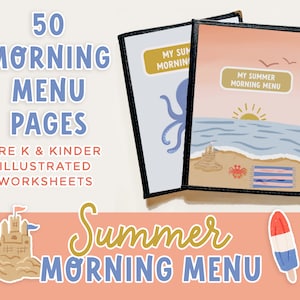 Menu du matin sur le thème de l'été, 50 feuilles de travail, préscolaire et maternelle, thème plage | Pages d'école à la maison