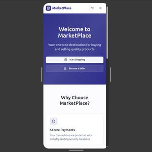 Op de afbeelding: Een screenshot van de Marketplace-app op een mobiele telefoon. De bovenkant heeft een donkerblauwe achtergrond met de tekst "Welcome to Marketplace". Daaronder staan knoppen voor "Start Shopping" en "Become a Seller".