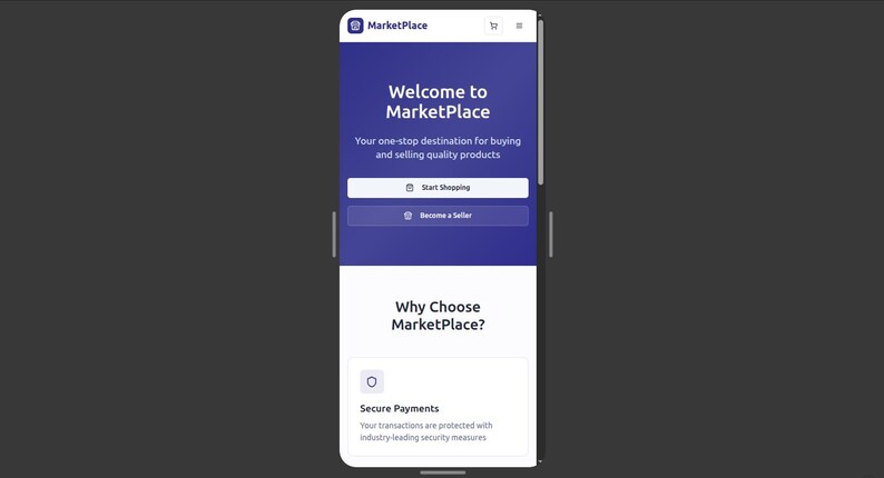 Op de afbeelding: Een screenshot van de Marketplace-app op een mobiele telefoon. De bovenkant heeft een donkerblauwe achtergrond met de tekst "Welcome to Marketplace". Daaronder staan knoppen voor "Start Shopping" en "Become a Seller".