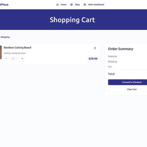 Op de afbeelding: Schermafbeelding van een e-commerce winkelwagenpagina. De pagina toont een bamboe snijplank en een besteloverzicht met een totaal van &euro;32,99. De kop van de website is donkerblauw met de tekst "Shopping Cart".