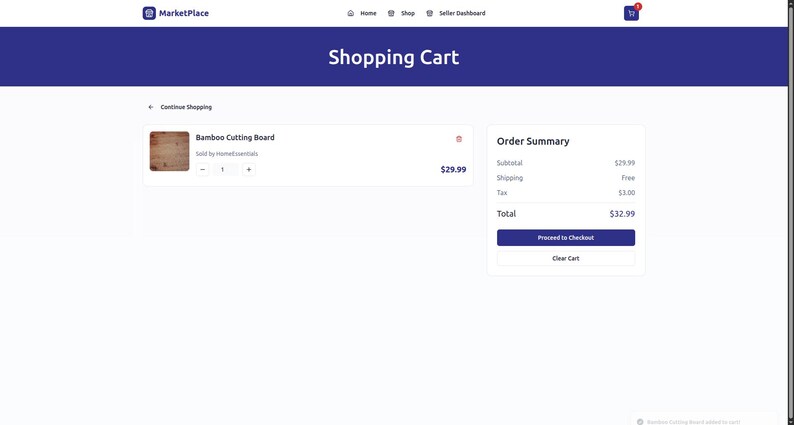 Op de afbeelding: Schermafbeelding van een e-commerce winkelwagenpagina. De pagina toont een bamboe snijplank en een besteloverzicht met een totaal van &euro;32,99. De kop van de website is donkerblauw met de tekst "Shopping Cart".