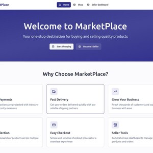 Op de afbeelding: Een website-interface voor MarketPlace, een platform voor het kopen en verkopen van kwaliteitsproducten. De header toont het MarketPlace-logo en navigatielinks. De pagina benadrukt functies zoals veilige betalingen en snelle levering.