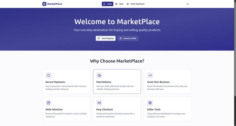 Op de afbeelding: Een website-interface voor MarketPlace, een platform voor het kopen en verkopen van kwaliteitsproducten. De header toont het MarketPlace-logo en navigatielinks. De pagina benadrukt functies zoals veilige betalingen en snelle levering.