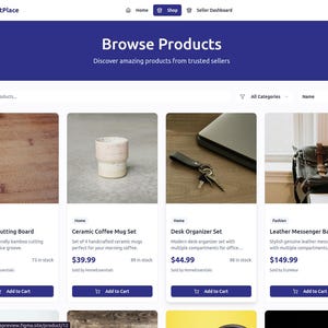 May include: Screenshot of an e-commerce website displaying product listings. The top banner reads "Browse Products" and "Discover amazing products from trusted sellers." Featured products include a bamboo cutting board, ceramic mug set, desk organizer, and leather messenger bag.