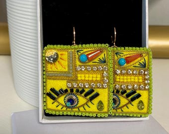 Boho Felt Evil Eye Earrings: Embroidered Sun, Beaded Spiritual African Jewelry