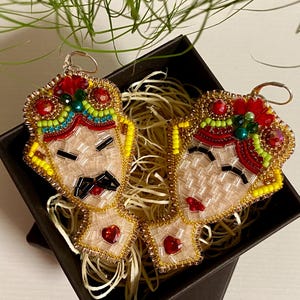 Sicilian Heads Earrings - Beaded, Embroidered Statement Jewelry  with Crystals - Unique Italian Mosaic Style Gift for Her.