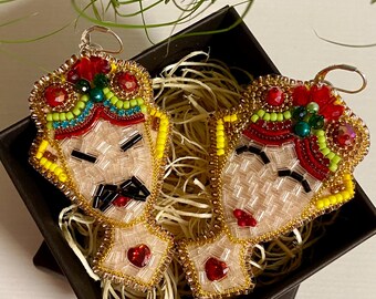 Sicilian Heads Earrings: Hand-Embroidered Beaded Statement Jewelry