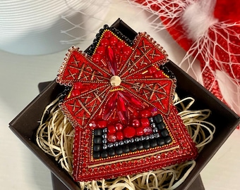 Rare Moulin Rouge Brooch. Beaded Large Moulin Rouge Brooch. Red Accent Beaded Lapel Pin.